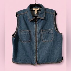 Vintage Denim Vest Clementine Hong Kong 100% Cotton Zip Front Utility Pockets L